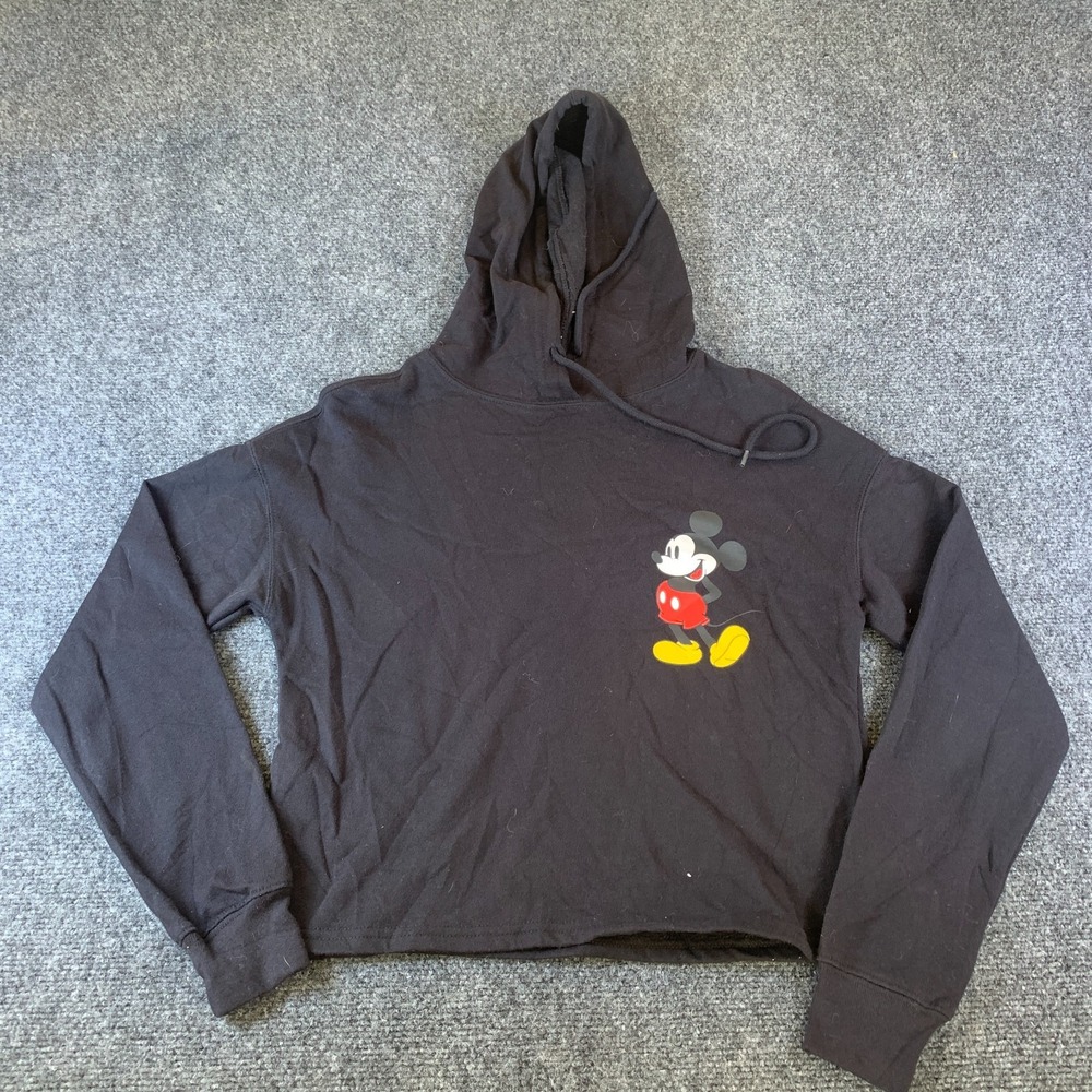 Disney Mickey Mouse Hoodie Women XS Black Good Cropped Graphic Pullover RN117508